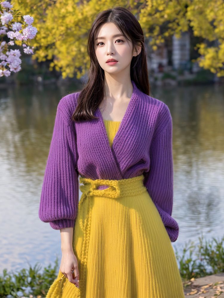 Yellow Summer Clothing - Viola Splicing giallo alla caviglia maglione